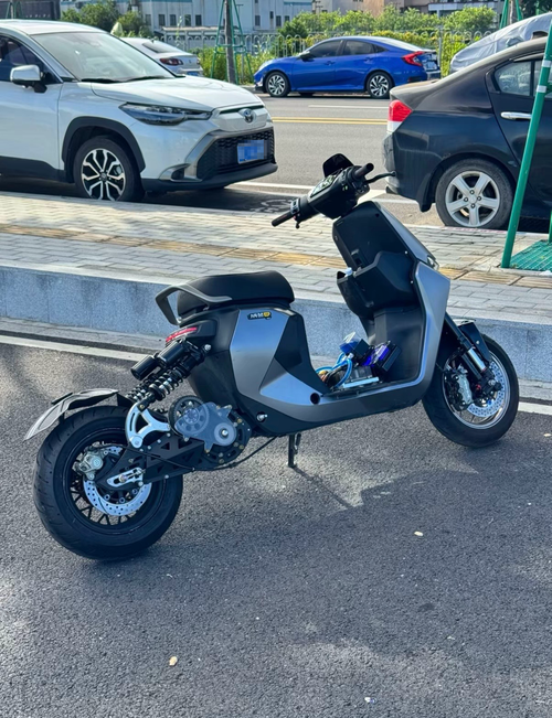 Street-side reference photograph of a customized Ninebot MMAX 110 electric motorcycle with a secondary-drive conversion