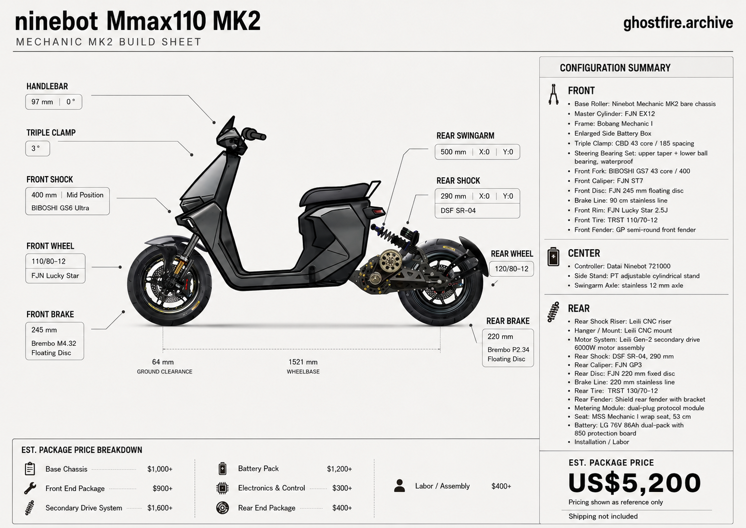 Side-view reference build sheet for a Ninebot MMAX 110 custom electric motorcycle with a 6000W secondary-drive system